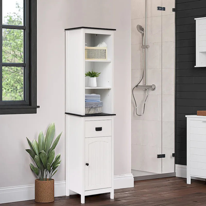 Meuble tour de rangement de salle de bain en bois blanc et noir avec armoire à linge