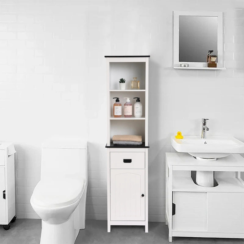 Meuble tour de rangement de salle de bain en bois blanc et noir avec armoire à linge