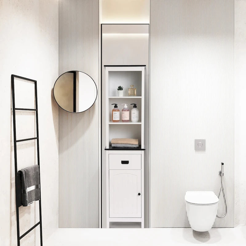 Meuble tour de rangement de salle de bain en bois blanc et noir avec armoire à linge