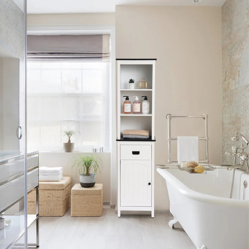 Meuble tour de rangement de salle de bain en bois blanc et noir avec armoire à linge