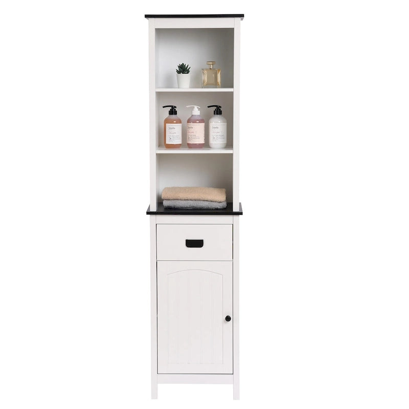 Meuble tour de rangement de salle de bain en bois blanc et noir avec armoire à linge