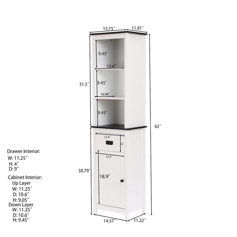 Meuble tour de rangement de salle de bain en bois blanc et noir avec armoire à linge