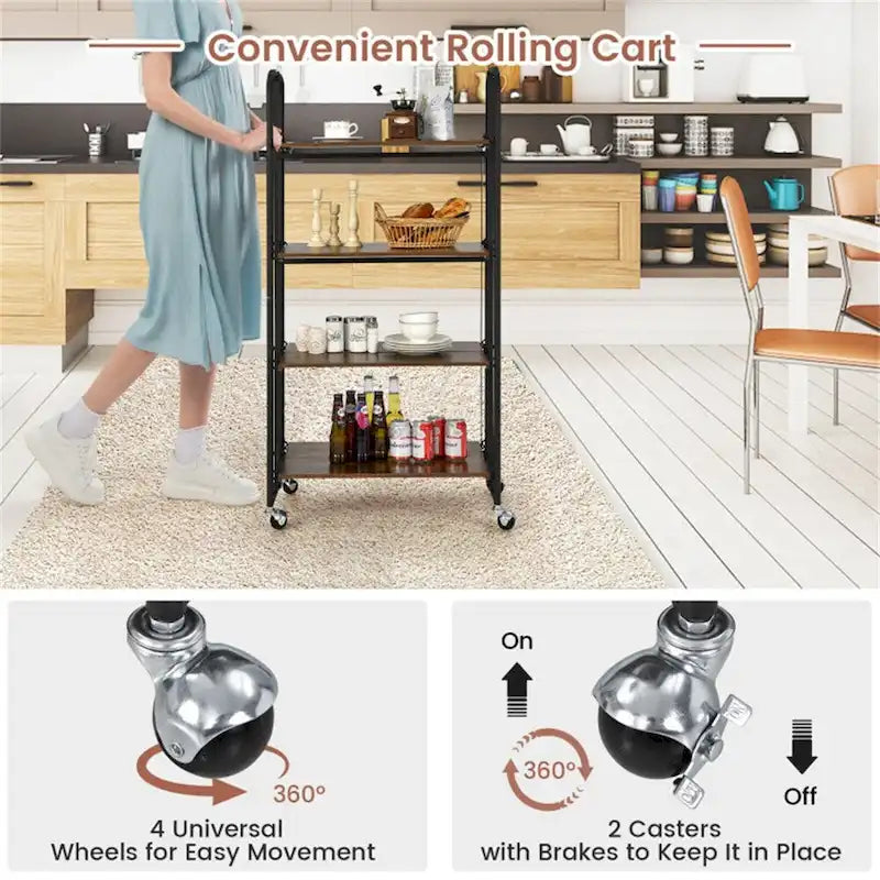 Chariot de rangement pliant à roulettes avec étagères pour cuisine