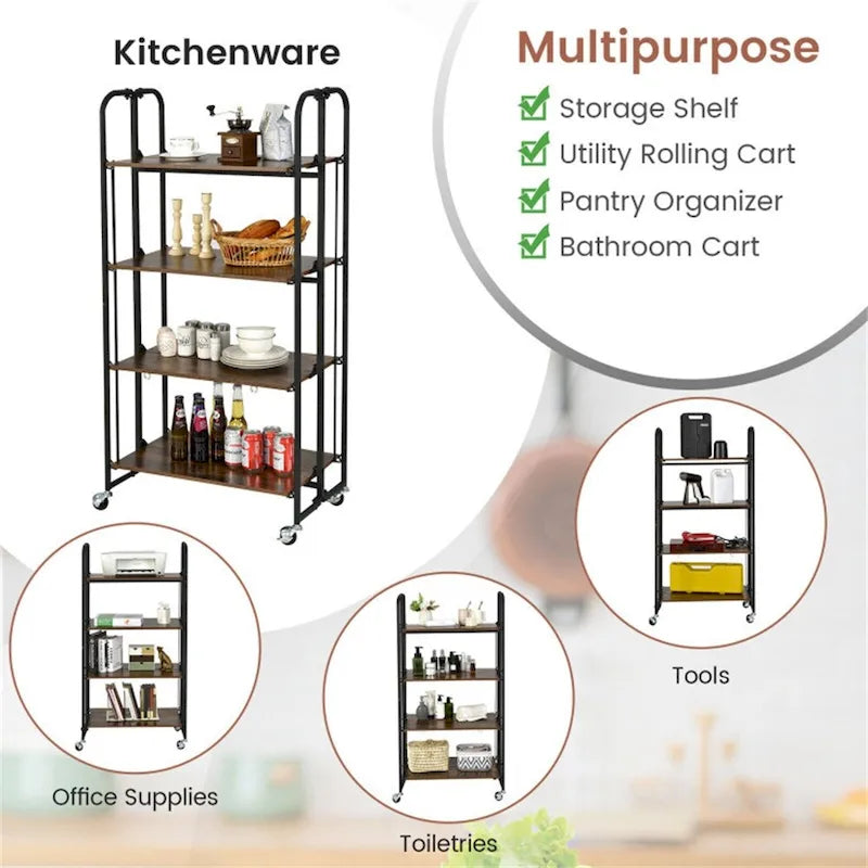 Chariot de rangement pliant à roulettes avec étagères pour cuisine