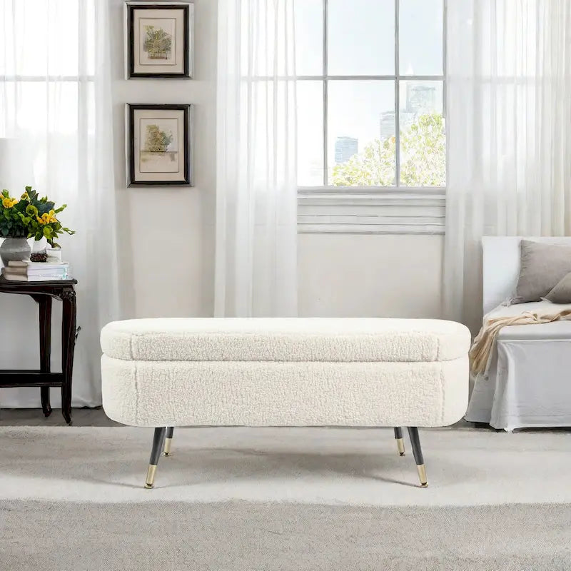 Maren Fully Padded Boucle Storage Bench Wood Stiletto Legs