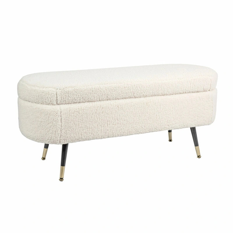 Banc de rangement entièrement rembourré en bouclette avec pieds stiletto en bois