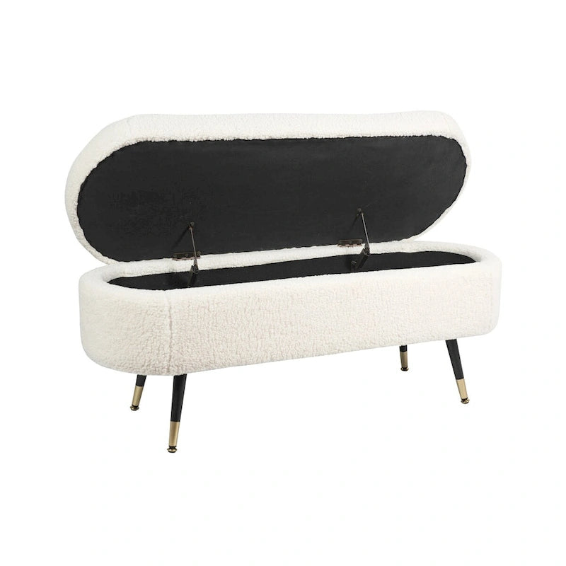 Banc de rangement entièrement rembourré en bouclette avec pieds stiletto en bois