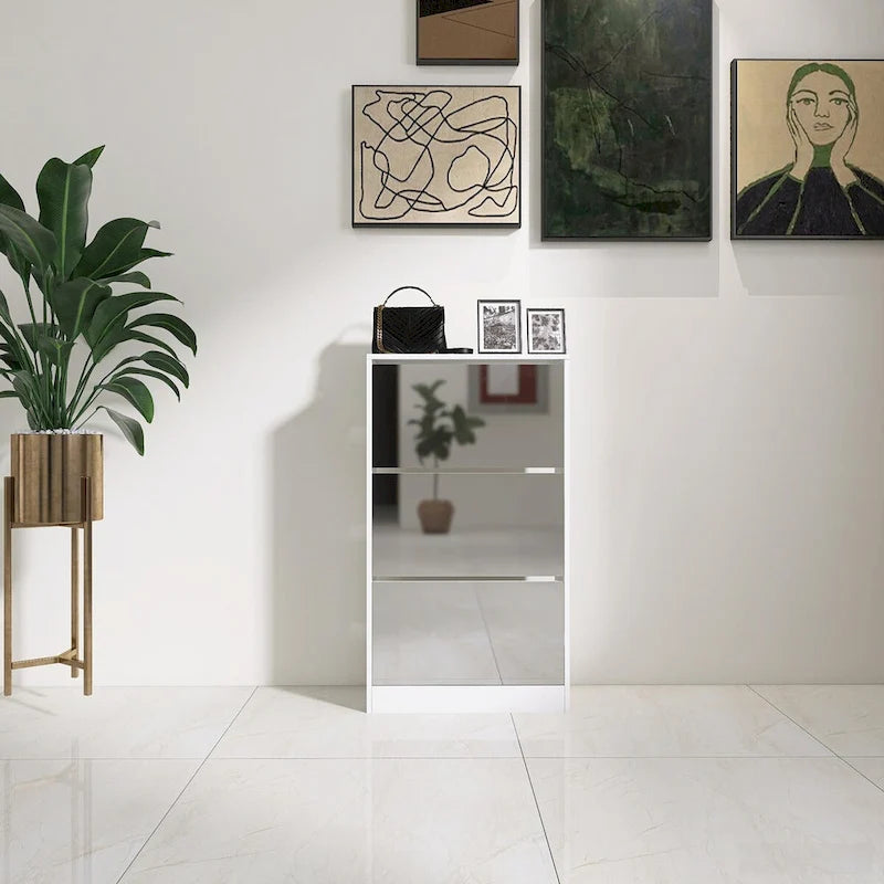 Meuble à chaussures étroit en bois avec miroir