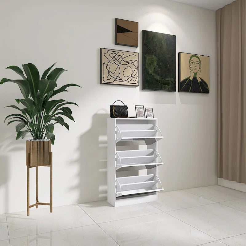 Meuble à chaussures étroit en bois avec miroir