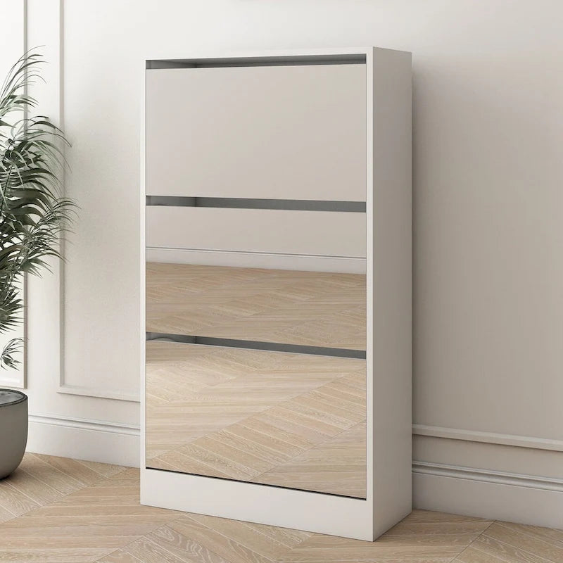 Meuble à chaussures étroit en bois avec miroir
