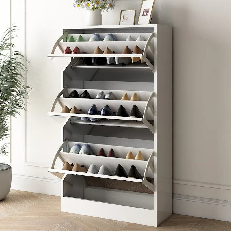 Meuble à chaussures étroit en bois avec miroir