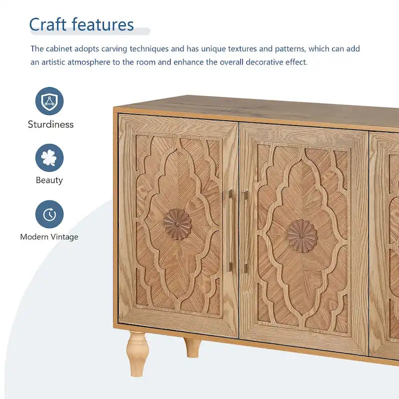 Grand meuble de rangement avec portes sculptées motif floral et poignées en métal, idéal pour le salon, la cuisine ou l'entrée.