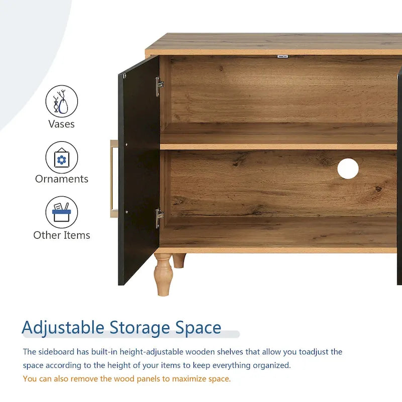 Grand meuble de rangement avec portes sculptées motif floral et poignées en métal, idéal pour le salon, la cuisine ou l'entrée.