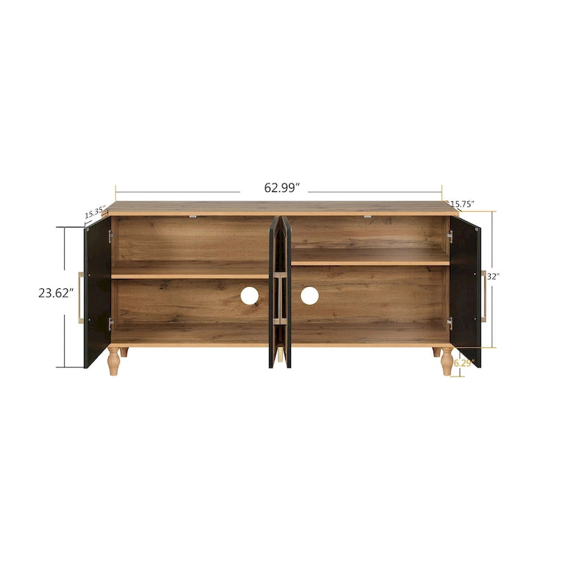 Grand meuble de rangement avec portes sculptées motif floral et poignées en métal, idéal pour le salon, la cuisine ou l'entrée.