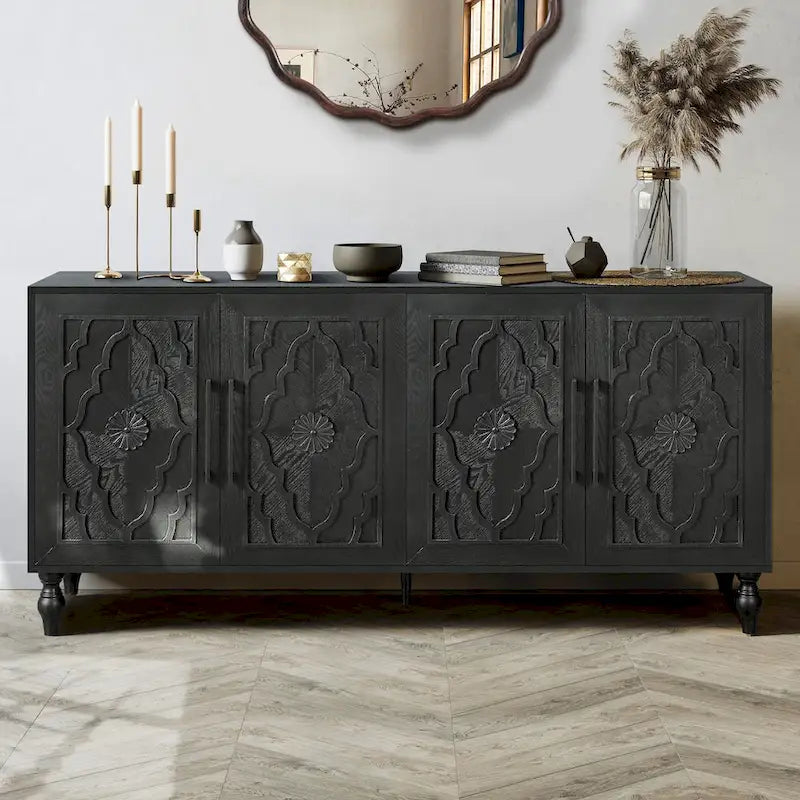Grand meuble de rangement avec portes sculptées motif floral et poignées en métal, idéal pour le salon, la cuisine ou l'entrée.