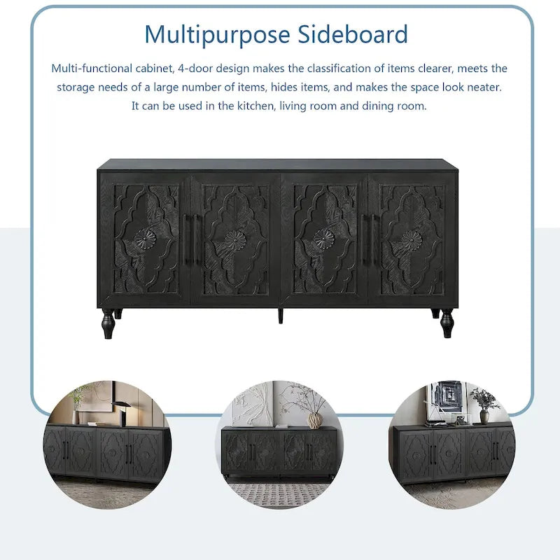 Grand meuble de rangement avec portes sculptées motif floral et poignées en métal, idéal pour le salon, la cuisine ou l'entrée.