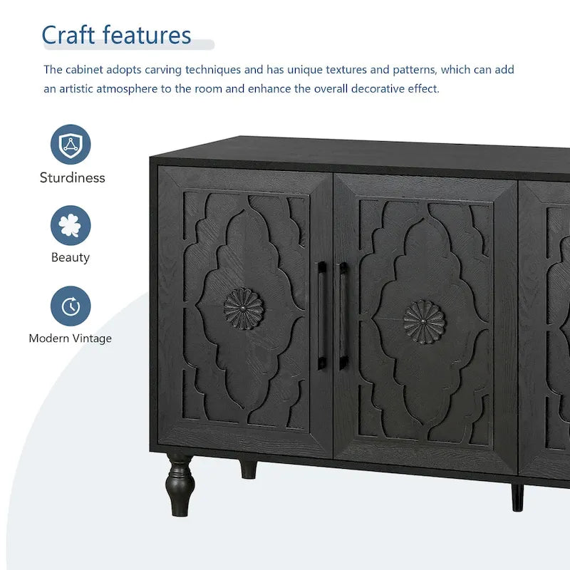 Grand meuble de rangement avec portes sculptées motif floral et poignées en métal, idéal pour le salon, la cuisine ou l'entrée.