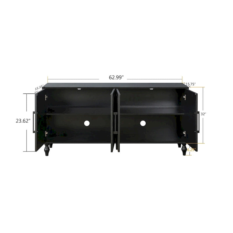 Grand meuble de rangement avec portes sculptées motif floral et poignées en métal, idéal pour le salon, la cuisine ou l'entrée.