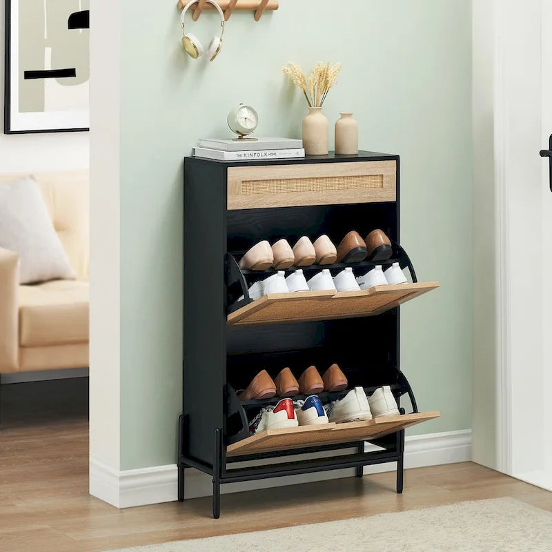 Natural Rattan 2 Flip Door with 1 Drawer Shoe Rack Storage Cabinet