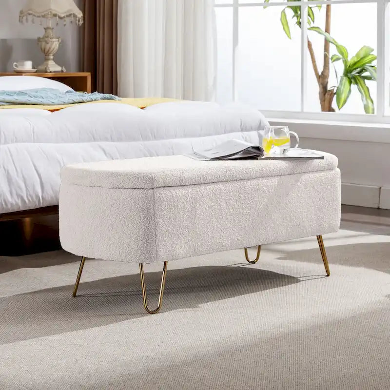 Banc ottoman de rangement moderne rembourré avec pieds en métal