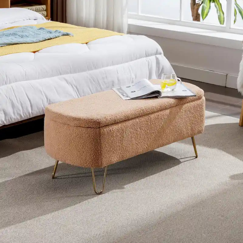 Modern Upholstered Storage Ottoman Bench with Metal Legs