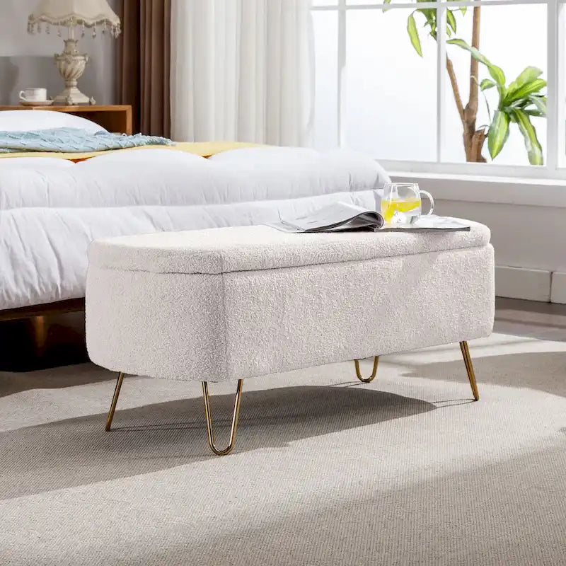 Banc ottoman de rangement moderne rembourré avec pieds en métal