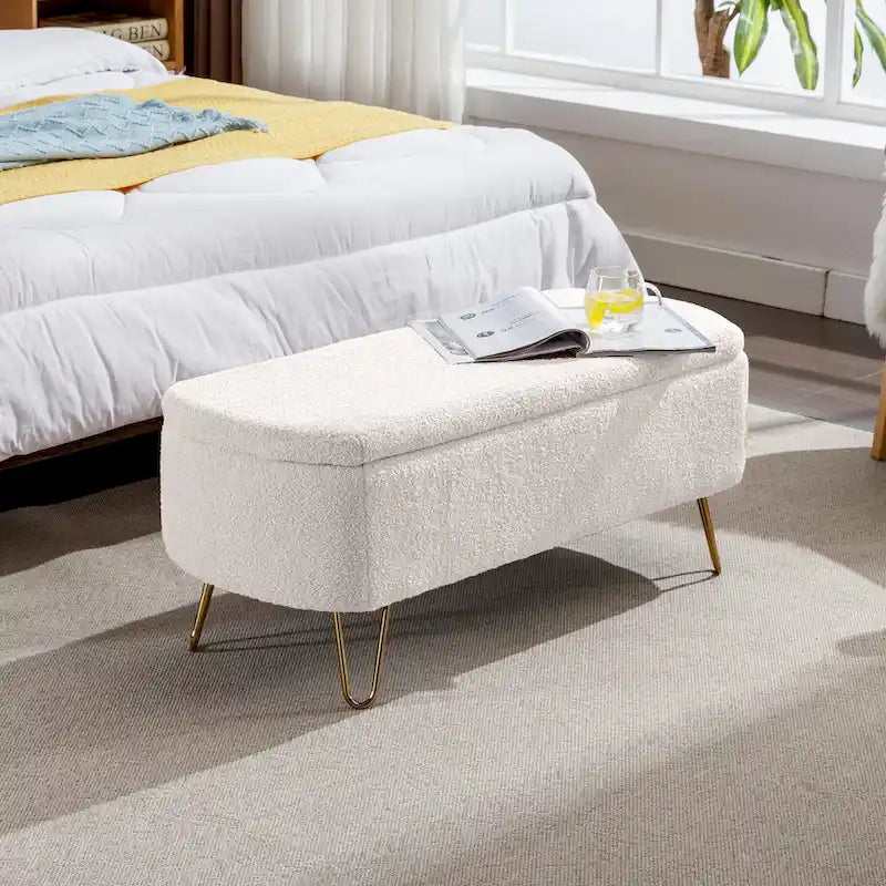 Banc ottoman de rangement moderne rembourré avec pieds en métal