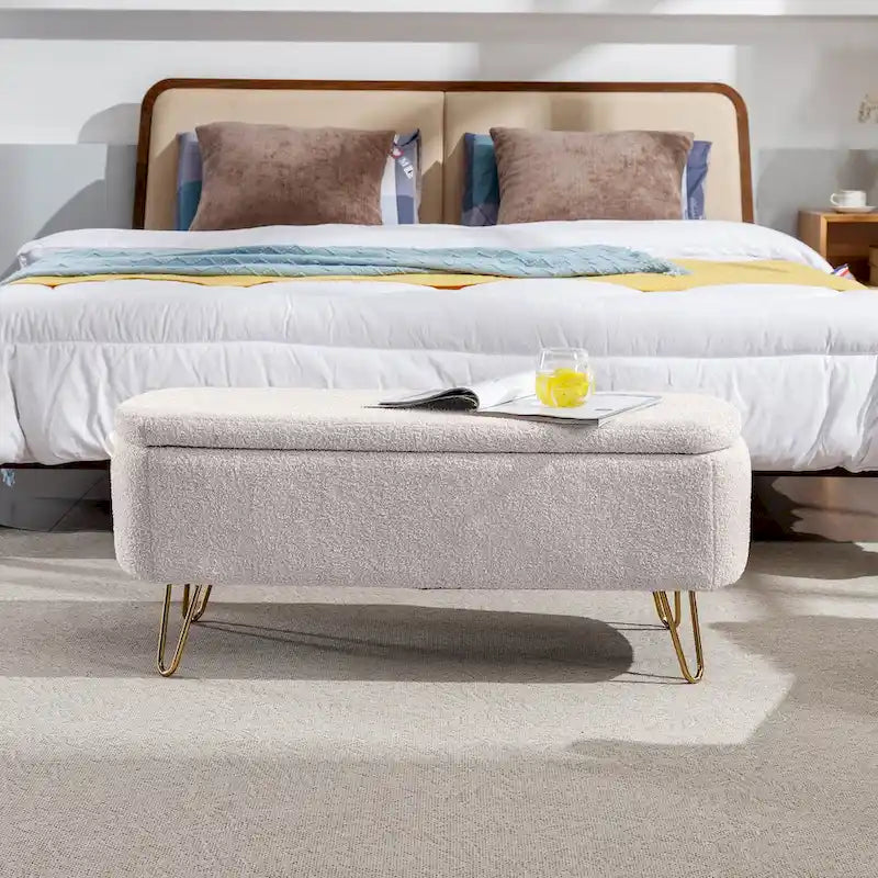 Banc ottoman de rangement moderne rembourré avec pieds en métal
