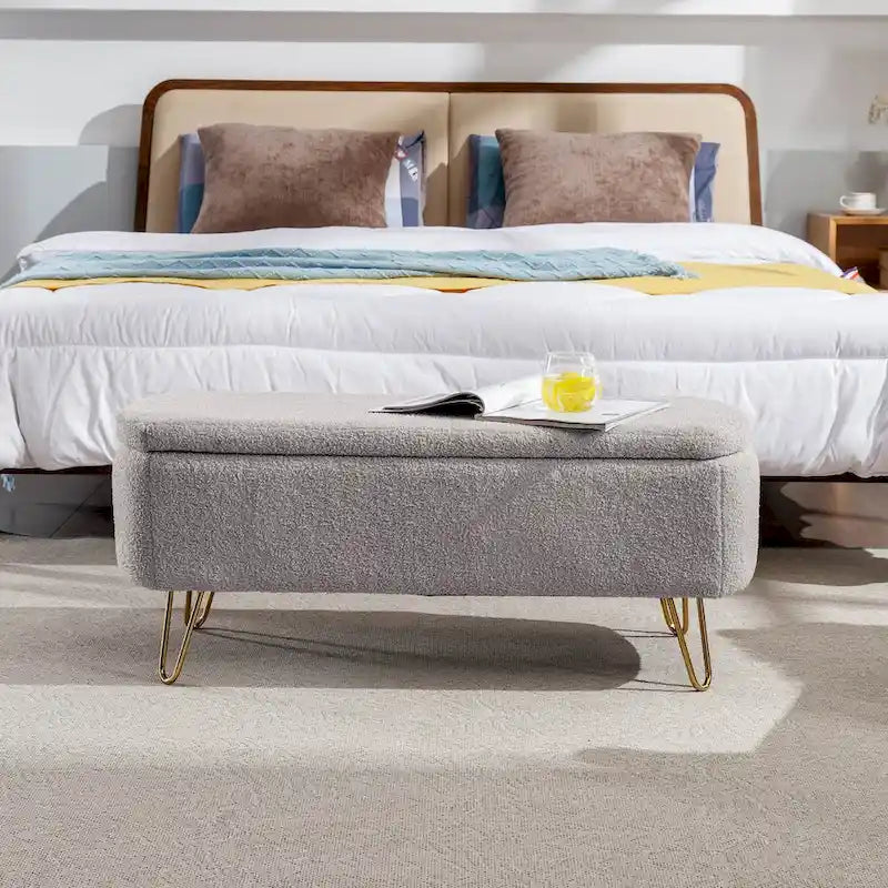 Banc ottoman de rangement moderne rembourré avec pieds en métal