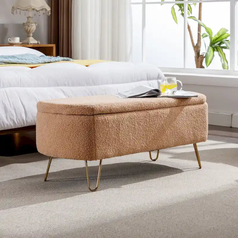 Banc ottoman de rangement moderne rembourré avec pieds en métal