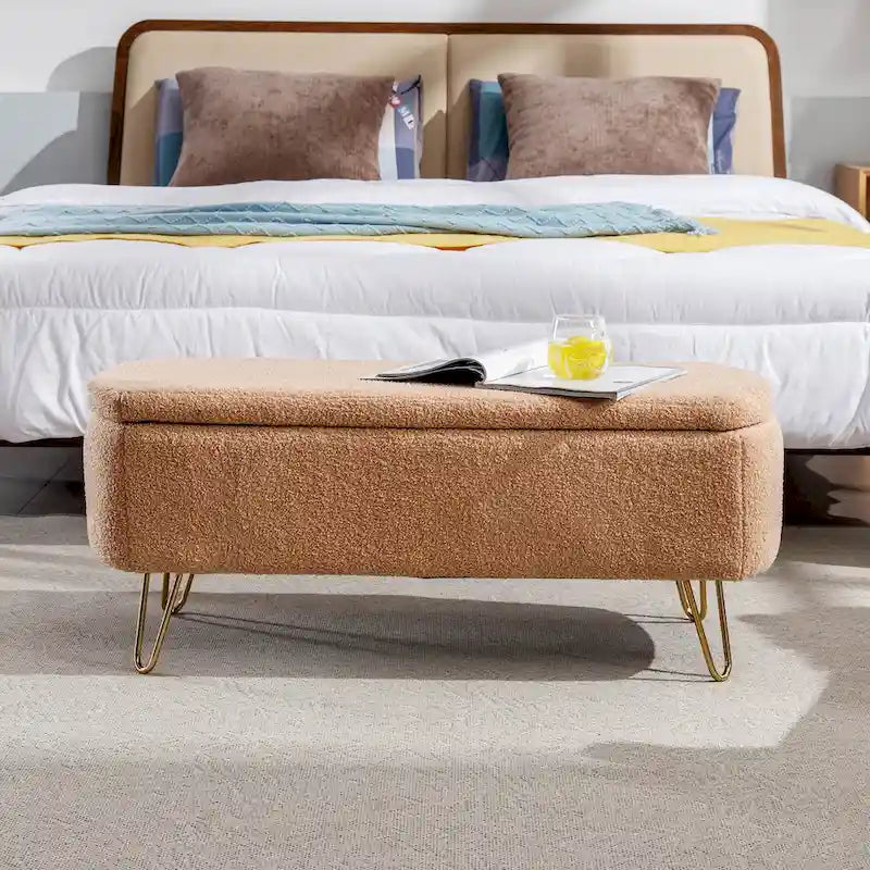 Banc ottoman de rangement moderne rembourré avec pieds en métal