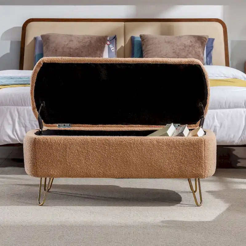 Banc ottoman de rangement moderne rembourré avec pieds en métal