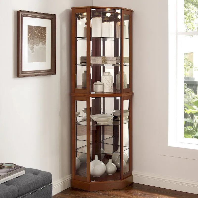 Vitrine d'angle 6 étagères avec lumières, miroirs et étagères réglables, Noyer
