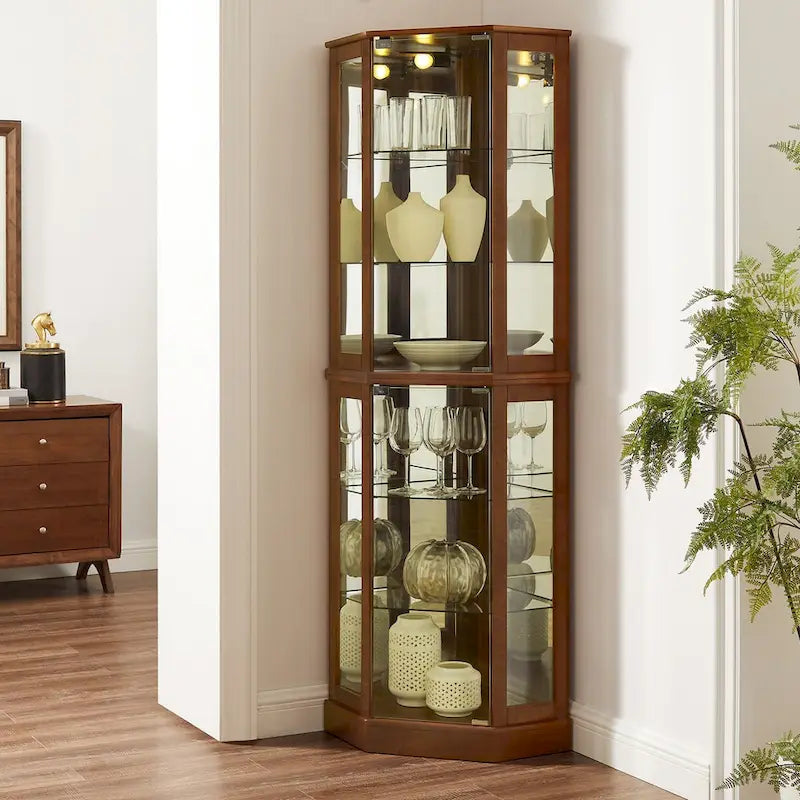 Vitrine d'angle 6 étagères avec lumières, miroirs et étagères réglables, Noyer