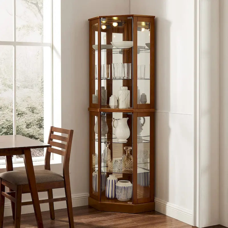 Vitrine d'angle 6 étagères avec lumières, miroirs et étagères réglables, Noyer