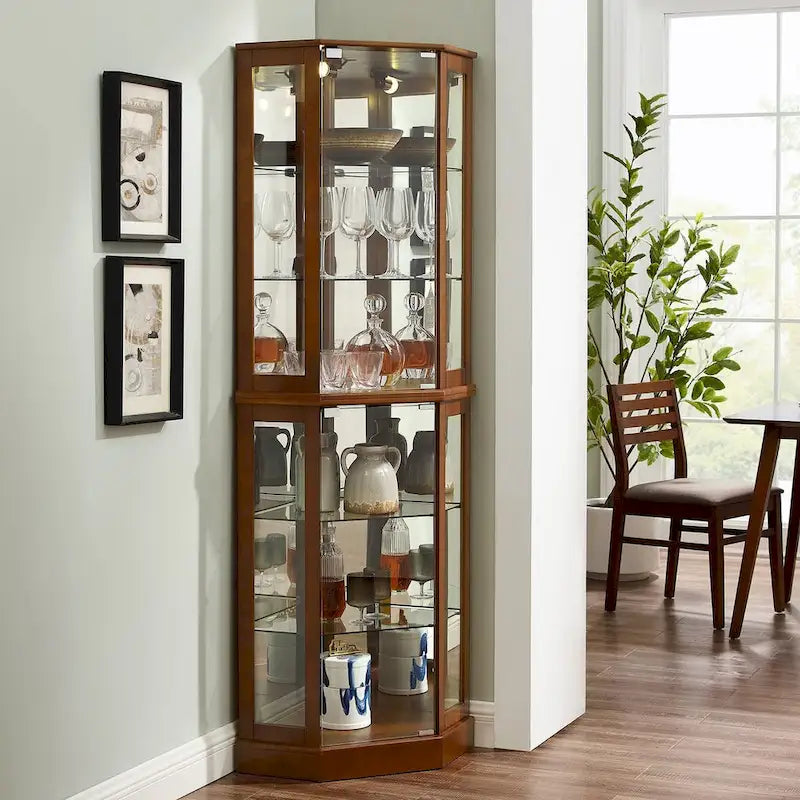 Vitrine d'angle 6 étagères avec lumières, miroirs et étagères réglables, Noyer