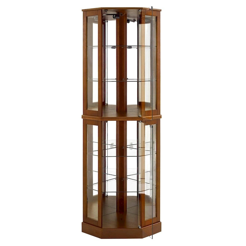 Vitrine d'angle 6 étagères avec lumières, miroirs et étagères réglables, Noyer