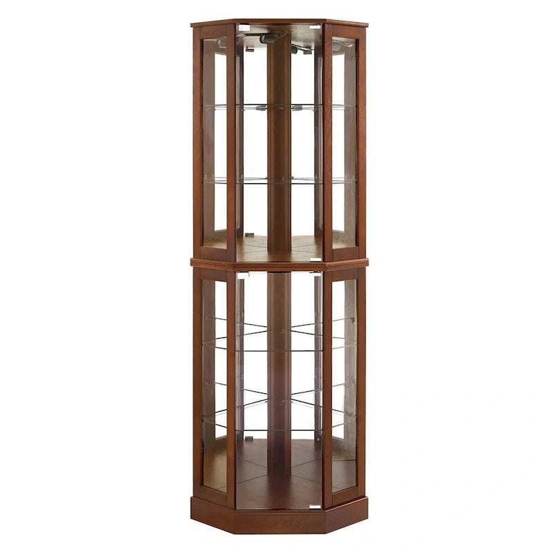Vitrine d'angle 6 étagères avec lumières, miroirs et étagères réglables, Noyer