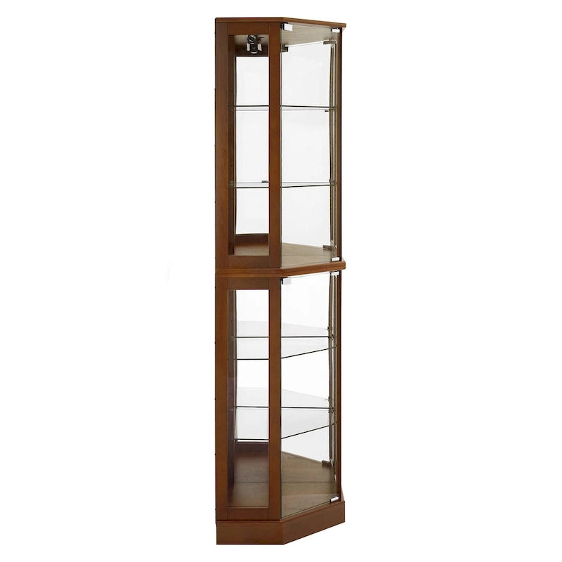 Vitrine d'angle 6 étagères avec lumières, miroirs et étagères réglables, Noyer