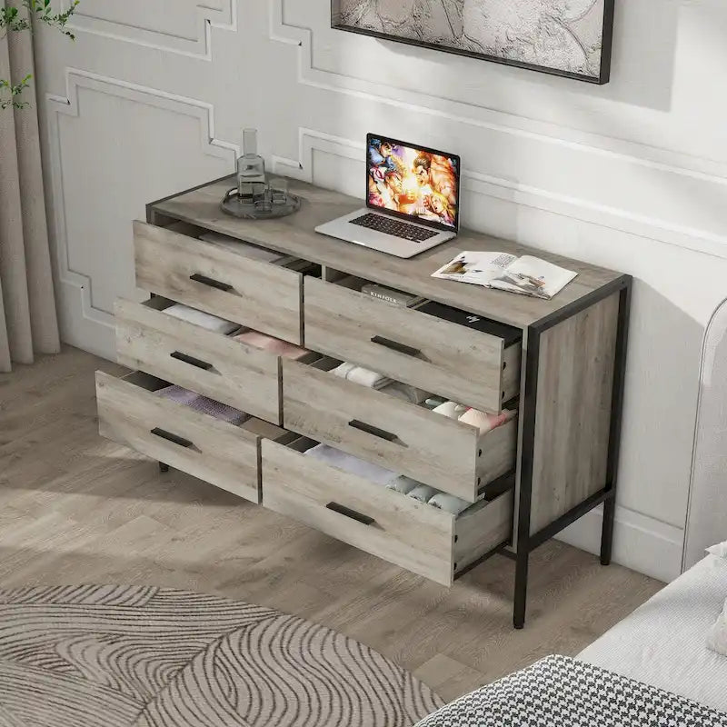 Commode en bois avec 6 tiroirs, armoire à vêtements solide avec cadre en acier robuste, 123,4 cm L x 40 cm P x 79,3 cm H, 122 cm, gris rustique