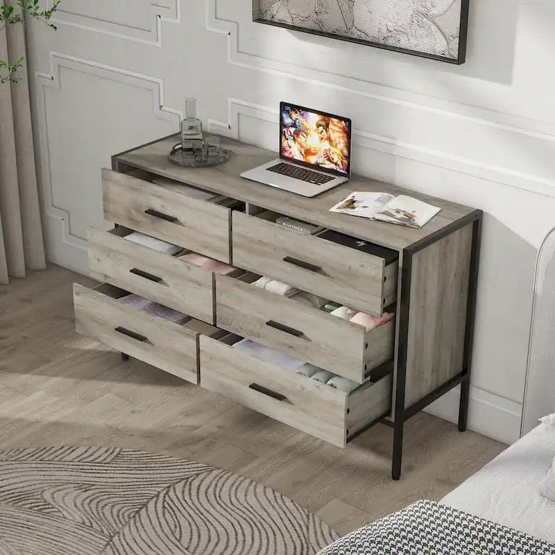 Wood Dresser with 6 Drawers, Solid Clothes Cabinet with Sturdy Steel Frame, 48.58W15.75D31.22H, 48 inch, Rustic Grey