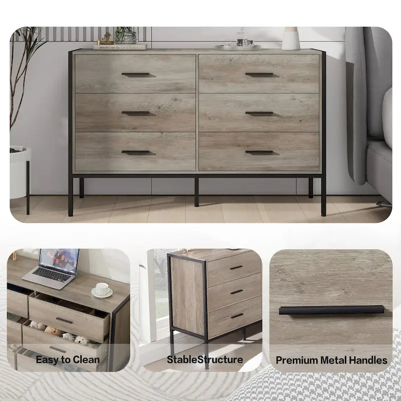 Commode en bois avec 6 tiroirs, armoire à vêtements solide avec cadre en acier robuste, 123,4 cm L x 40 cm P x 79,3 cm H, 122 cm, gris rustique