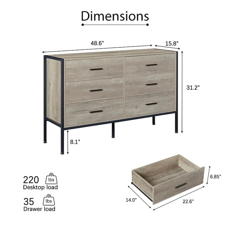 Commode en bois avec 6 tiroirs, armoire à vêtements solide avec cadre en acier robuste, 123,4 cm L x 40 cm P x 79,3 cm H, 122 cm, gris rustique