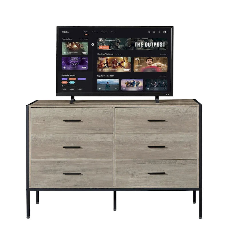 Commode en bois avec 6 tiroirs, armoire à vêtements solide avec cadre en acier robuste, 123,4 cm L x 40 cm P x 79,3 cm H, 122 cm, gris rustique