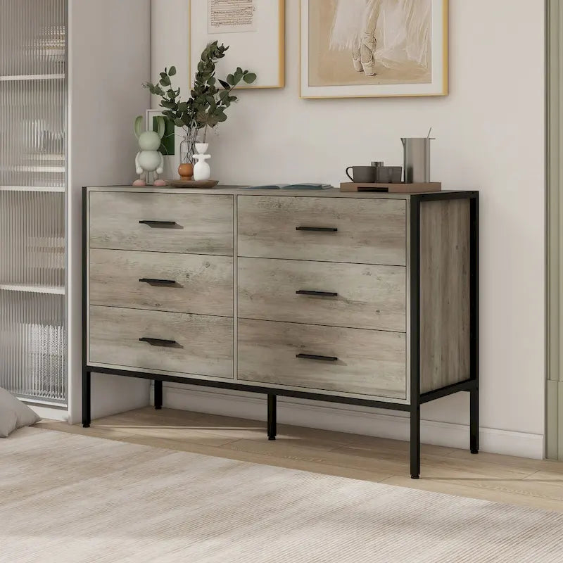 Commode en bois avec 6 tiroirs, armoire à vêtements solide avec cadre en acier robuste, 123,4 cm L x 40 cm P x 79,3 cm H, 122 cm, gris rustique