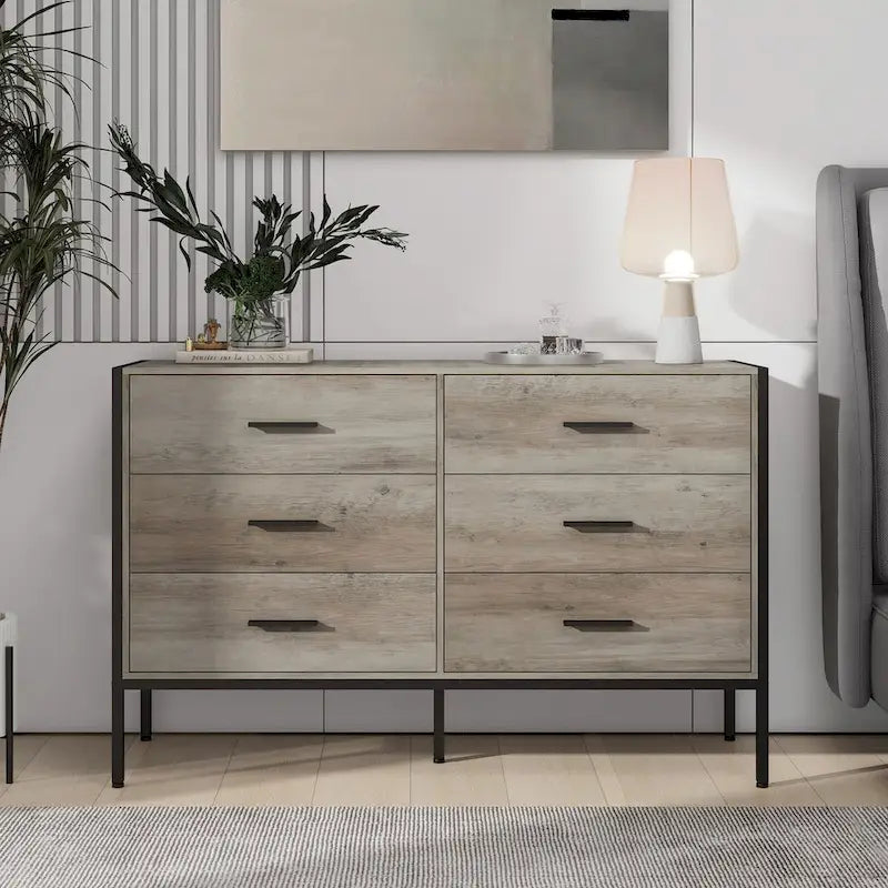 Commode en bois avec 6 tiroirs, armoire à vêtements solide avec cadre en acier robuste, 123,4 cm L x 40 cm P x 79,3 cm H, 122 cm, gris rustique