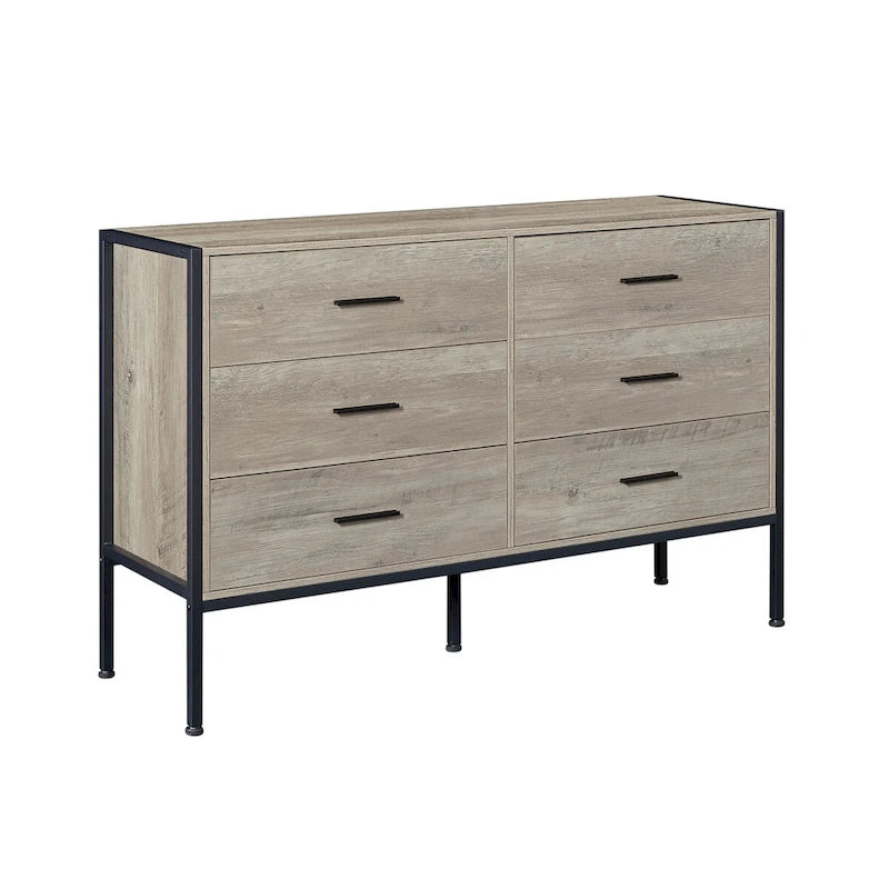 Commode en bois avec 6 tiroirs, armoire à vêtements solide avec cadre en acier robuste, 123,4 cm L x 40 cm P x 79,3 cm H, 122 cm, gris rustique