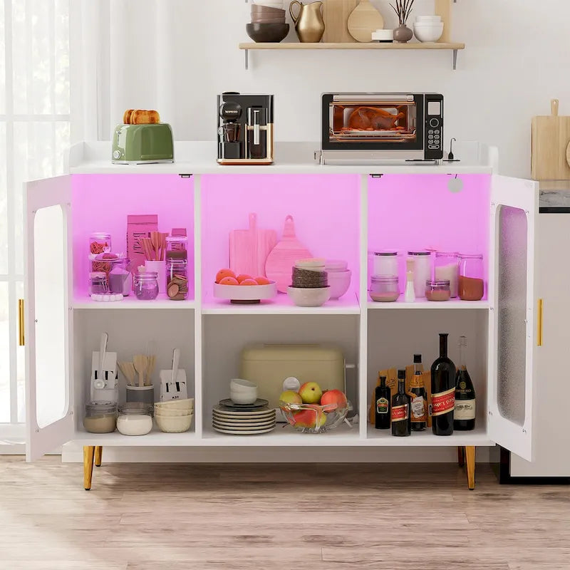 Meuble bar avec prise de courant et lumière LED, buffet de service avec casier à vin et porte-verres