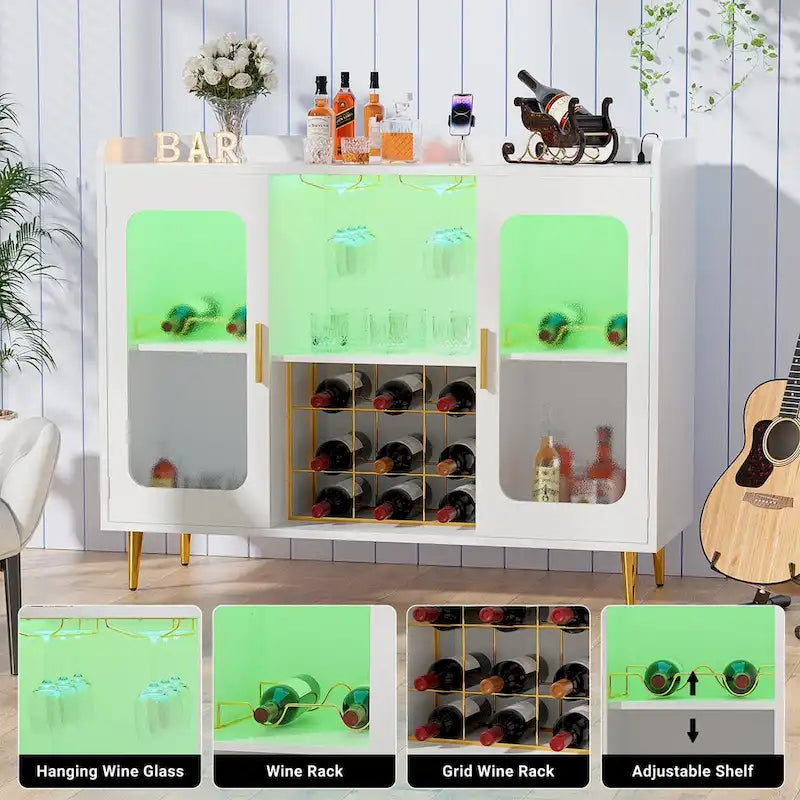 Meuble bar avec prise de courant et lumière LED, buffet de service avec casier à vin et porte-verres