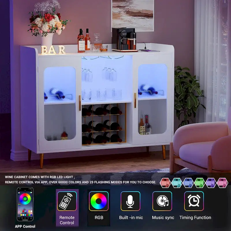 Meuble bar avec prise de courant et lumière LED, buffet de service avec casier à vin et porte-verres